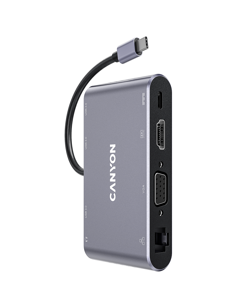 Докинг станция Canyon 8 in 1 USB C hub, HDMI: 4Kx30Hz, VGA, Type-C, 3бр. USB3.0,Glgabit LAN, 3.5mm audio jack, кабел 15cm, тъмно сив - CNS-TDS14