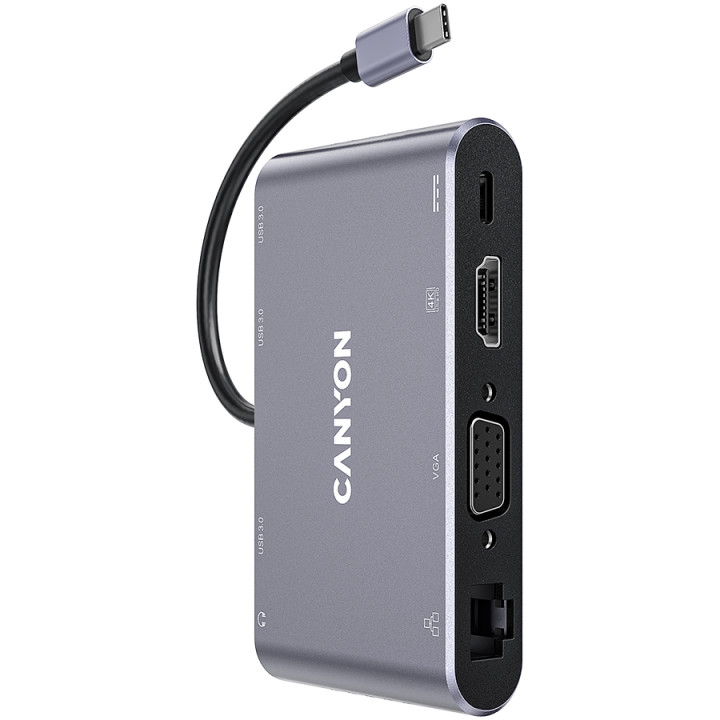 Докинг станция Canyon 8 in 1 USB C hub, HDMI: 4Kx30Hz, VGA, Type-C, 3бр. USB3.0,Glgabit LAN, 3.5mm audio jack, кабел 15cm, тъмно сив - CNS-TDS14