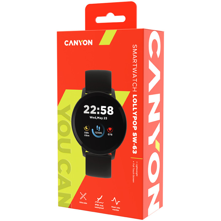 Смарт часовник Canyon CNS-SW63PP, 1.3"(3.30 cm) TFT дисплей, до 4 дни време на работа, Bluetooth 5.0, IP68, съвместим с Android 6.0+, iOS 12.0+, черен - CNS-SW63BB