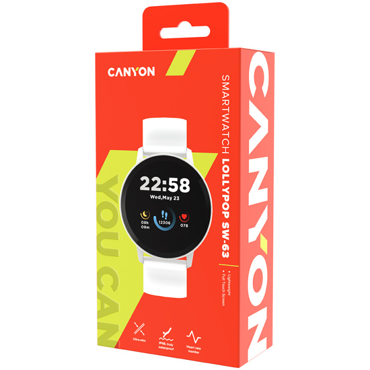 Смарт часовник Canyon CNS-SW63PP, 1.3"(3.30 cm) TFT дисплей, до 4 дни време на работа, Bluetooth 5.0, IP68, съвместим с Android 6.0+, iOS 12.0+, сребрист - CNS-SW63SW