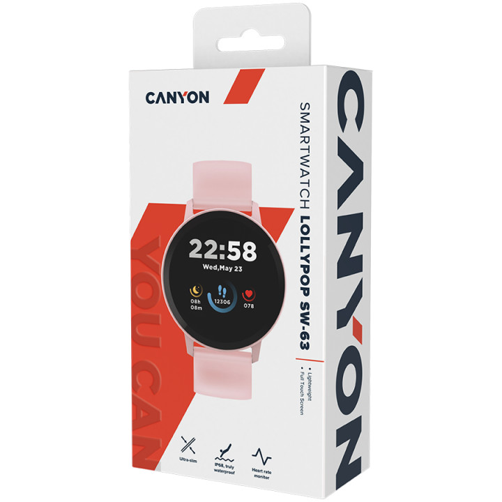 Смарт часовник Canyon CNS-SW63PP, 1.3"(3.30 cm) TFT дисплей, до 4 дни време на работа, Bluetooth 5.0, IP68, съвместим с Android 6.0+, iOS 12.0+, розов - CNS-SW63PP