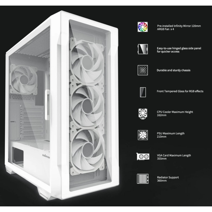 Кутия за компютър Zalman I3 NEO TG White, ATX, aRGB, Tempered Glass - ZM-I3-NEO-TG-White