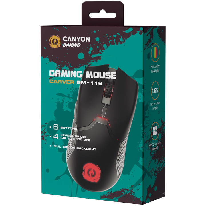 Геймърска мишка Canyon Carver GM-116, 6keys, A603EP sensor, DPI up to 3600, Black - CND-SGM116