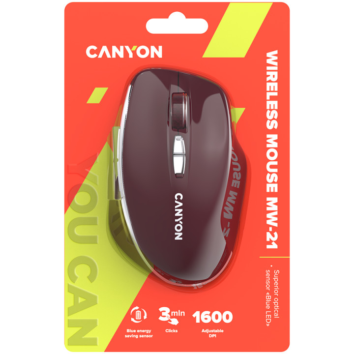 Безжична мишка Canyon MW-21, 7 buttons, DPI 800/1200/1600, Burgundy Red - CNS-CMSW21BR