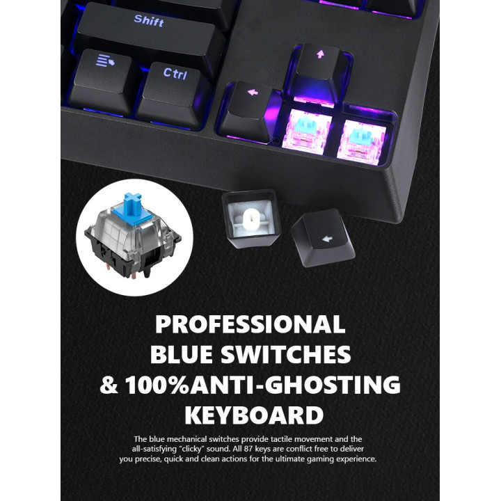 Механична геймърска клавиатура Marvo KG953G, Blue switches, 87 keys TKL, RGB - MARVO-KG953G
