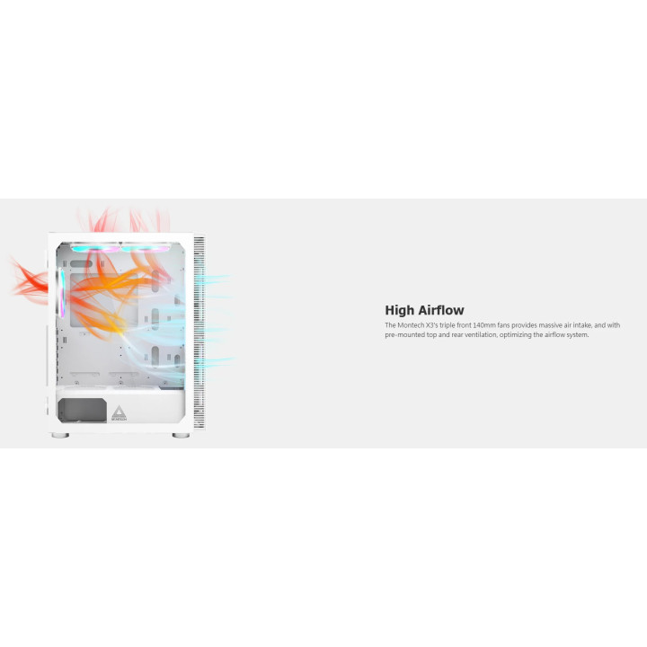 Кутия за компютър Montech X3 MESH, Mid-tower Case, TG, 6 fixed RGB Fans, White - MONTECH-X3-MESH-WH