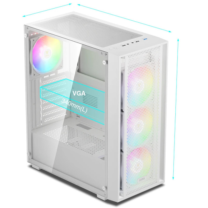 Кутия за компютър Gamdias AURA GC2 Elite White, ATX , Mesh, RGB, Tempered Glass - GAMDIAS-AURA-GC2-ELITE-WH