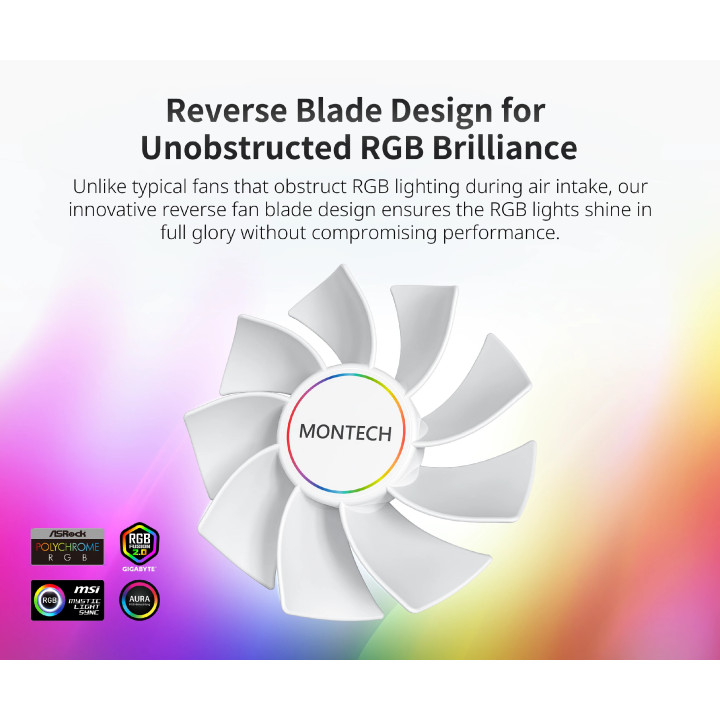 Вентилатор Montech RX140 PWM, REVERSE Fan, 140mm, ARGB, White - MONTECH-RX140-PWM-WH