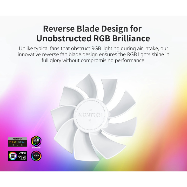 Вентилатор Montech RX120 PWM, REVERSE Fan, 120mm, ARGB, White - MONTECH-RX120-PWM-WH