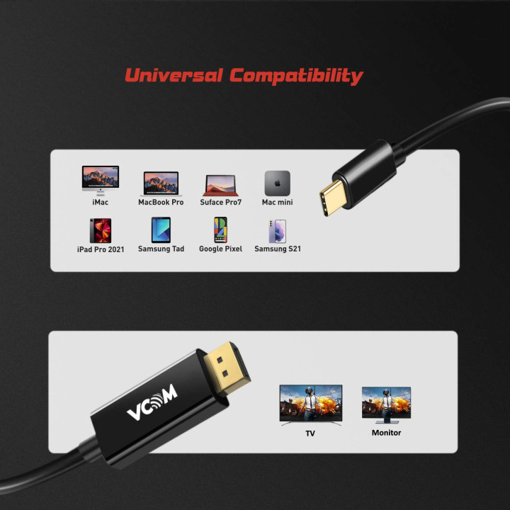 Кабел VCom Cable Type-C to DisplayPort - 8K Black - CU422C-1.8m