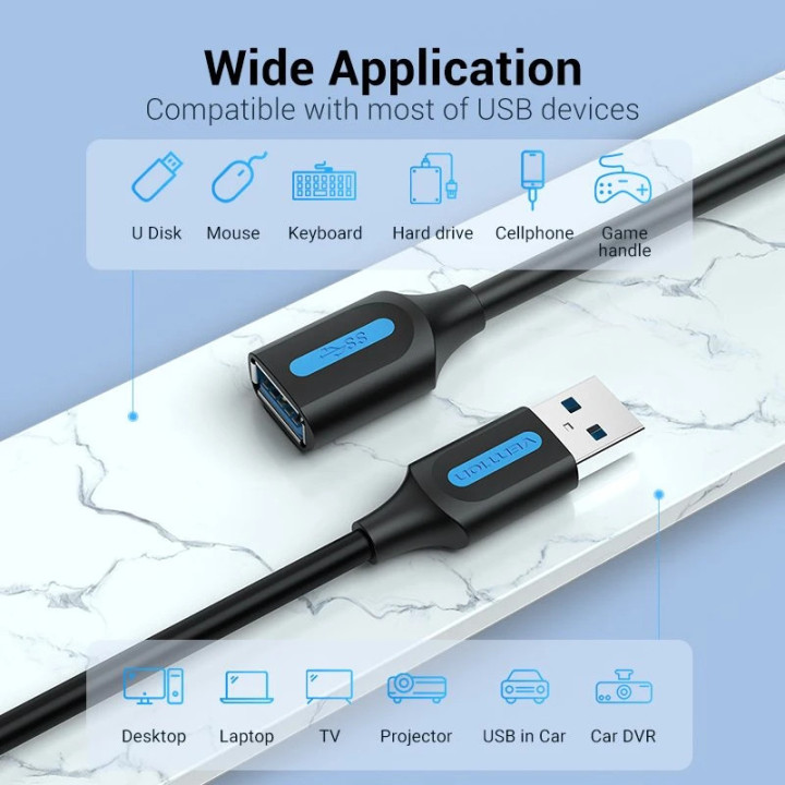 Кабел Vention USB 3.0  Extension AM / AF - 2.0M Black - CBHBH