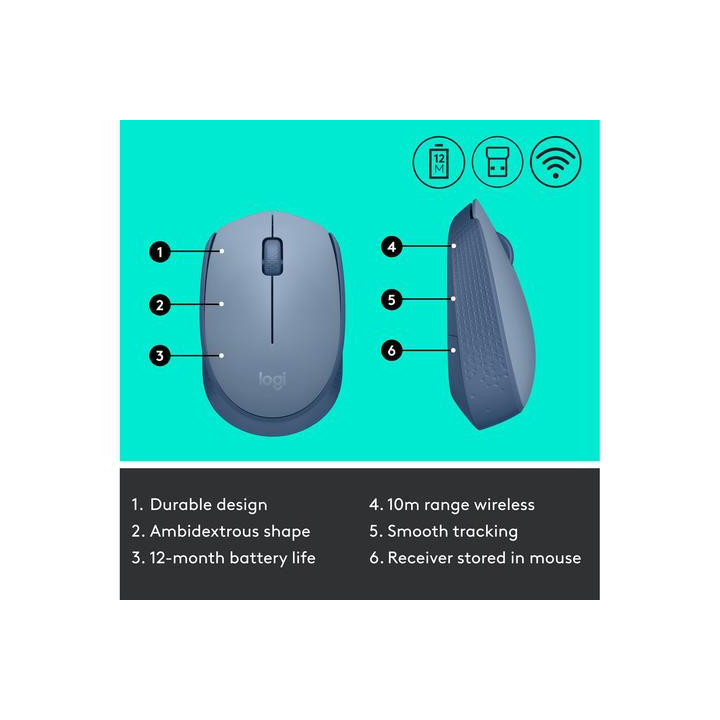 Безжична мишка Logitech M171, USB, Син/Сив - 910-006866