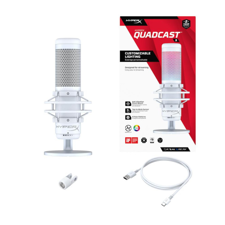 Настолен микрофон HyperX QuadCast S White, USB, 3.5 mm - 519P0AA