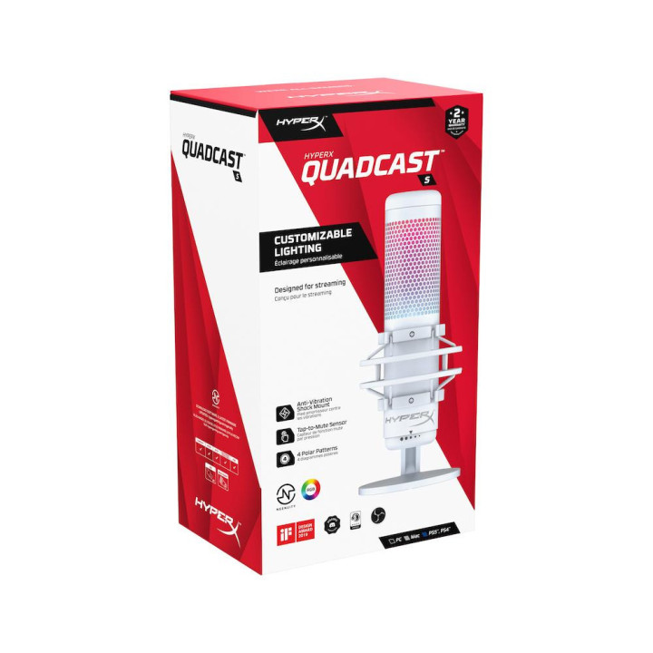 Настолен микрофон HyperX QuadCast S White, USB, 3.5 mm - 519P0AA