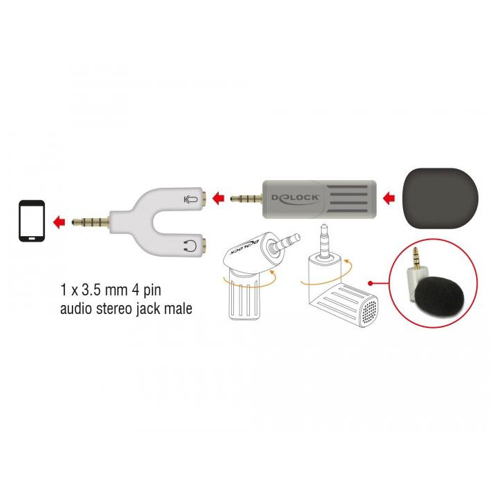 Микрофон DeLock 65893, За смартфон/таблет, 3.5 mm 4 Pin Stereo Jack 90, Сребрист - 65893