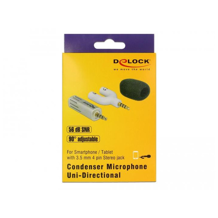 Микрофон DeLock 65893, За смартфон/таблет, 3.5 mm 4 Pin Stereo Jack 90, Сребрист - 65893