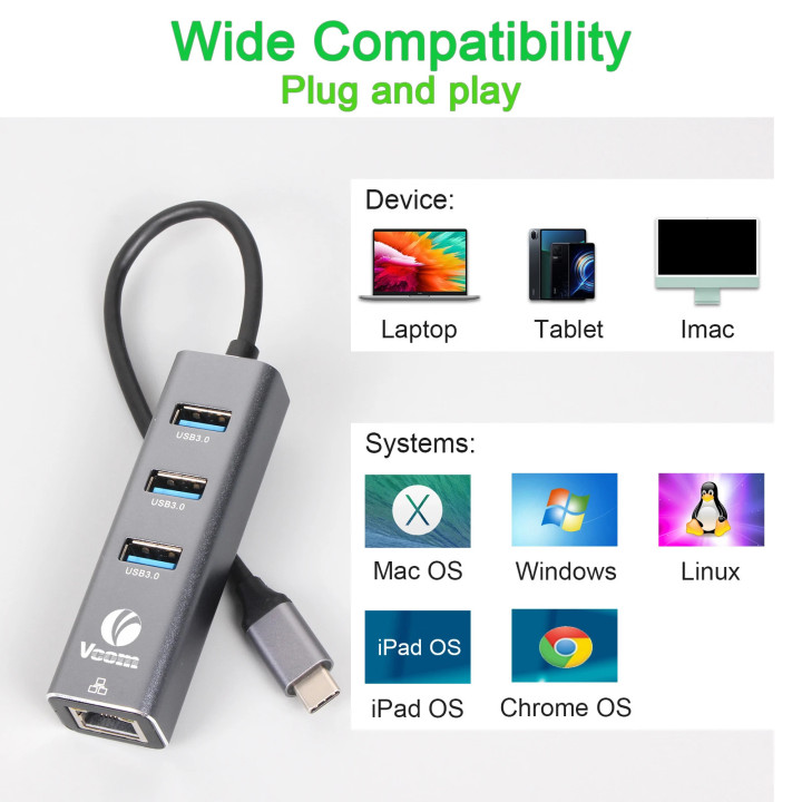 Докинг станция VCom USB Type-C to USB3.0 x 3   LAN - DH311B