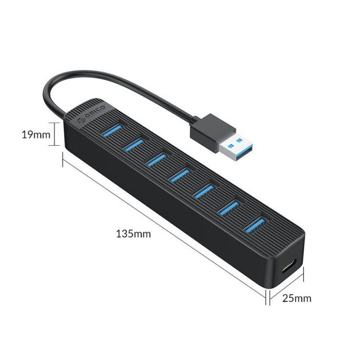 Хъб Orico USB3.0 HUB 7 port - Type C input, 0.15m cable, aux Type-C power input - TWU3-7A-BK