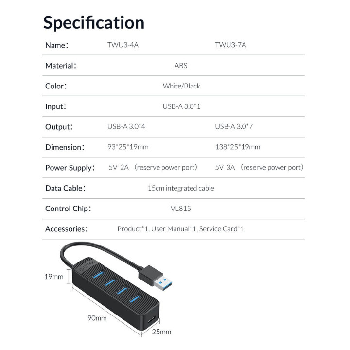 Хъб Orico USB3.0 HUB 7 port - Type C input, 0.15m cable, aux Type-C power input - TWU3-7A-BK