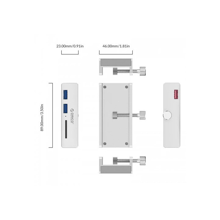  Хъб Orico USB 3.0 HUB Clip Type 2 port, SD card reader - aux Micro-USB power input, Aluminum - MH2AC-U3-SV-BP