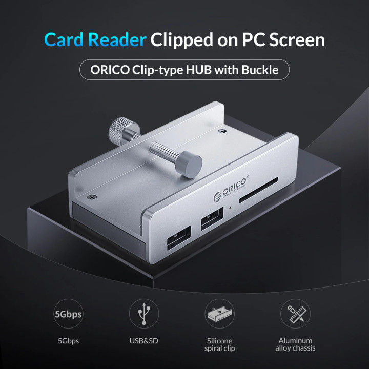  Хъб Orico USB 3.0 HUB Clip Type 2 port, SD card reader - aux Micro-USB power input, Aluminum - MH2AC-U3-SV-BP