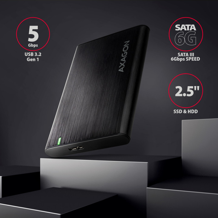 Кутия за твърд/SSD диск Axagon EE25-A6M USB3.0 - SATA 6G 2.5" External SCREWLESS ALU RAW box BLACK - EE25-A6M
