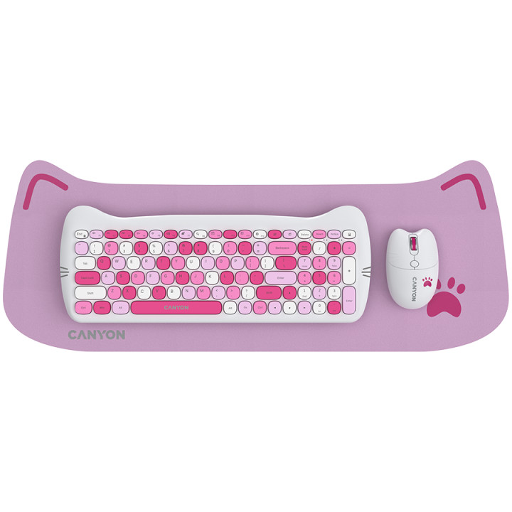 Безжичен комплект клавиатура с мишка Canyon HSET-W6, Kitty Edition AAA АА, Pink - CNS-HSETW6PK