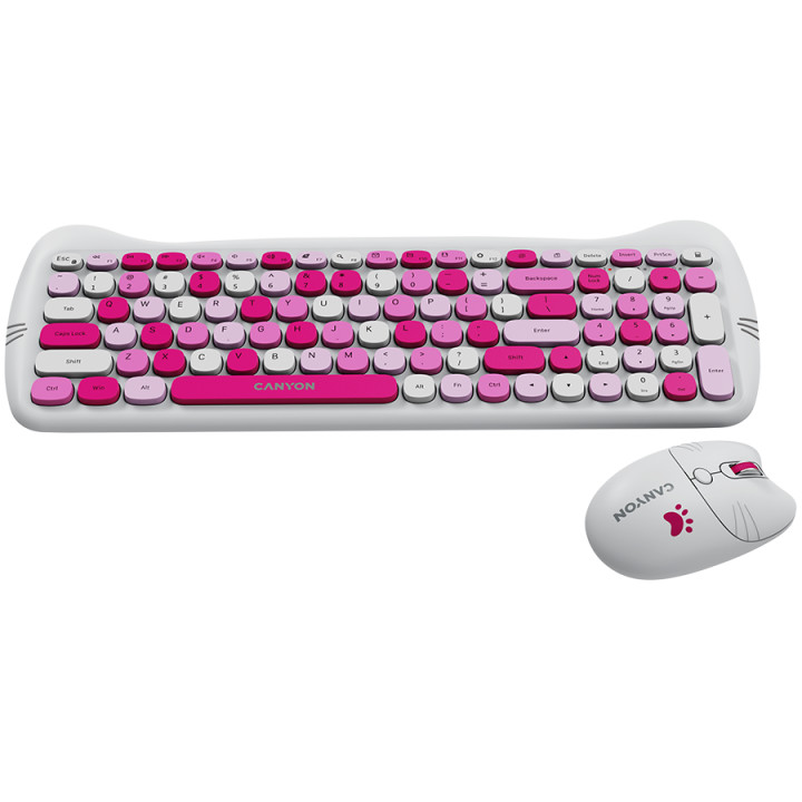 Безжичен комплект клавиатура с мишка Canyon HSET-W6, Kitty Edition AAA АА, Pink - CNS-HSETW6PK