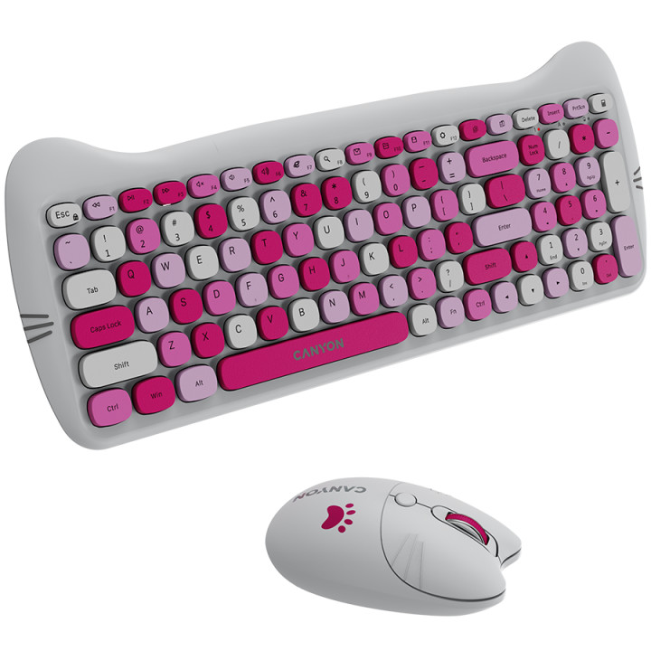 Безжичен комплект клавиатура с мишка Canyon HSET-W6, Kitty Edition AAA АА, Pink - CNS-HSETW6PK