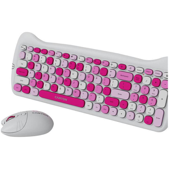 Безжичен комплект клавиатура с мишка Canyon HSET-W6, Kitty Edition AAA АА, Pink - CNS-HSETW6PK