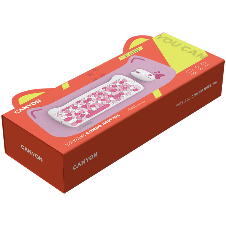 Безжичен комплект клавиатура с мишка Canyon HSET-W6, Kitty Edition AAA АА, Pink - CNS-HSETW6PK