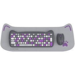 Безжичен комплект клавиатура с мишка Canyon HSET-W6, Kitty Edition AAA АА, Violet - CNS-HSETW6VT