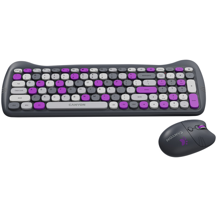 Безжичен комплект клавиатура с мишка Canyon HSET-W6, Kitty Edition AAA АА, Violet - CNS-HSETW6VT