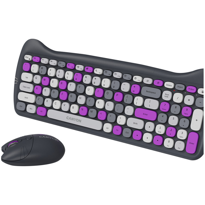 Безжичен комплект клавиатура с мишка Canyon HSET-W6, Kitty Edition AAA АА, Violet - CNS-HSETW6VT