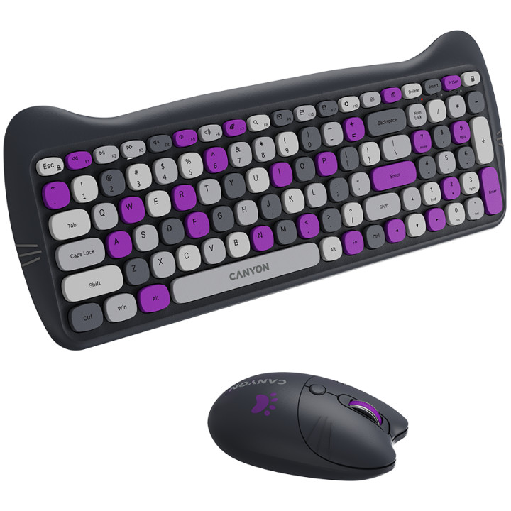Безжичен комплект клавиатура с мишка Canyon HSET-W6, Kitty Edition AAA АА, Violet - CNS-HSETW6VT