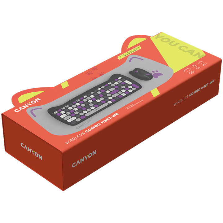 Безжичен комплект клавиатура с мишка Canyon HSET-W6, Kitty Edition AAA АА, Violet - CNS-HSETW6VT