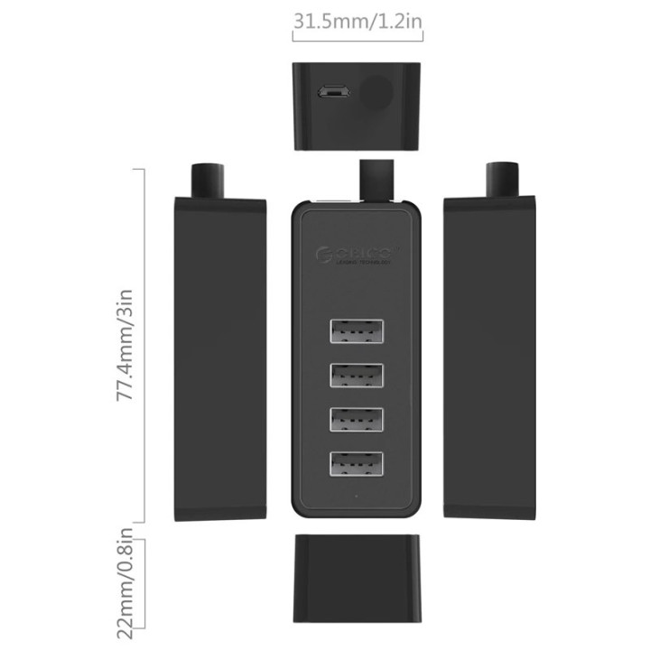 Хъб Orico USB2.0 HUB 4 port - USB/Micro USB input, Black - W5P-U2-030-BK-EP