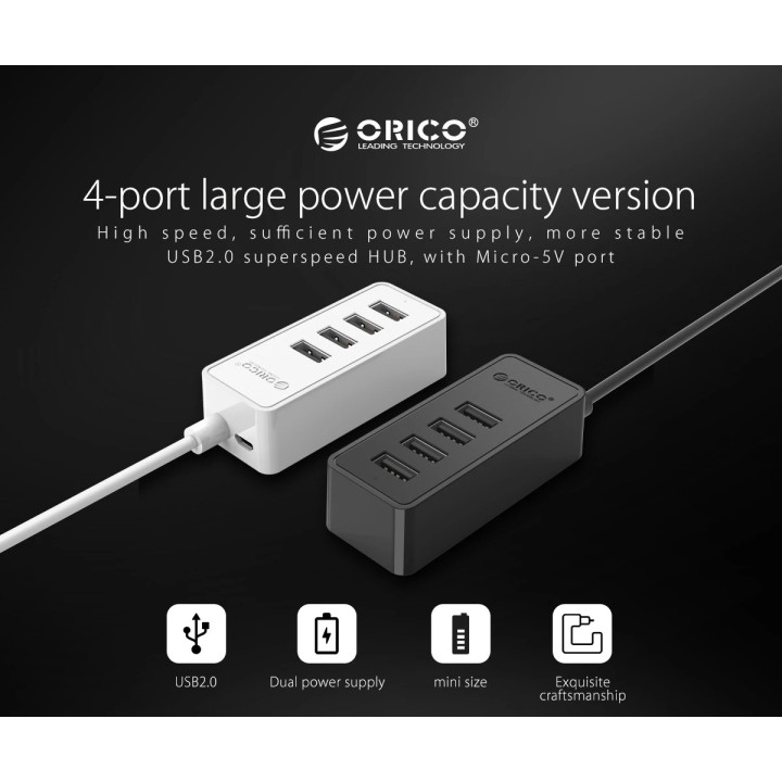 Хъб Orico USB2.0 HUB 4 port - USB/Micro USB input, Black - W5P-U2-030-BK-EP
