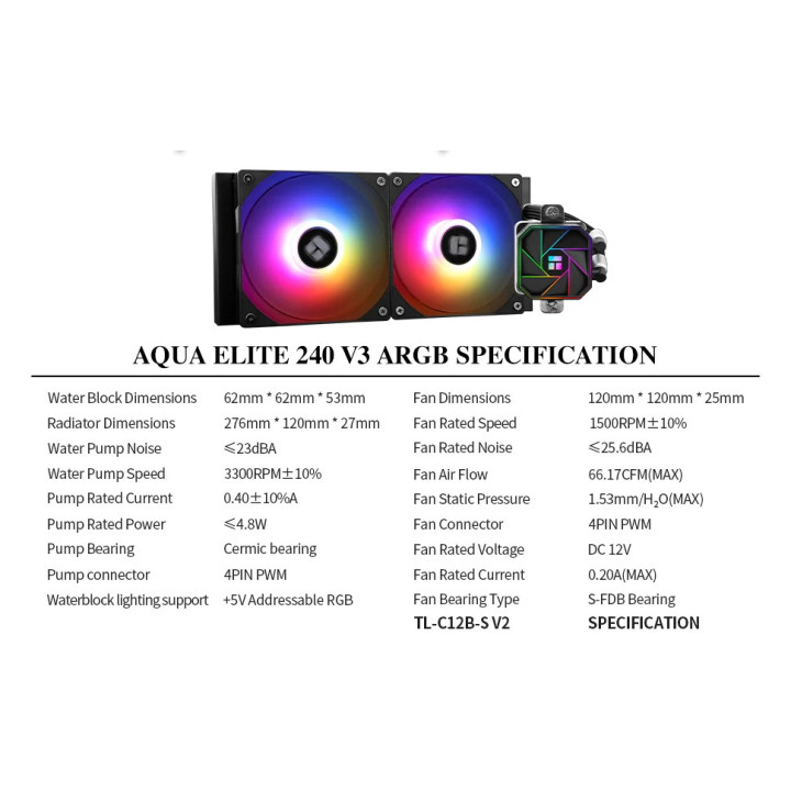 Водно охлаждане за процесор Thermalright Aqua Elite 240 Black A-RGB V3, LGA1851/LGA1700/AM5 - AQUA-ELITE-240-BK-ARGB-V3