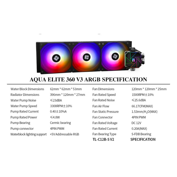 Водно охлаждане за процесор Thermalright Aqua Elite 360 Black A-RGB V3, LGA1851/LGA1700/AM5 - AQUA-ELITE-360-BK-ARGB-V3