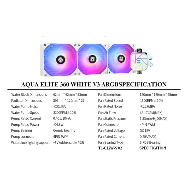 Водно охлаждане за процесор Thermalright Aqua Elite 360 White A-RGB V3, LGA1851/LGA1700/AM5 - AQUA-ELITE-360-WH-ARGB-V3