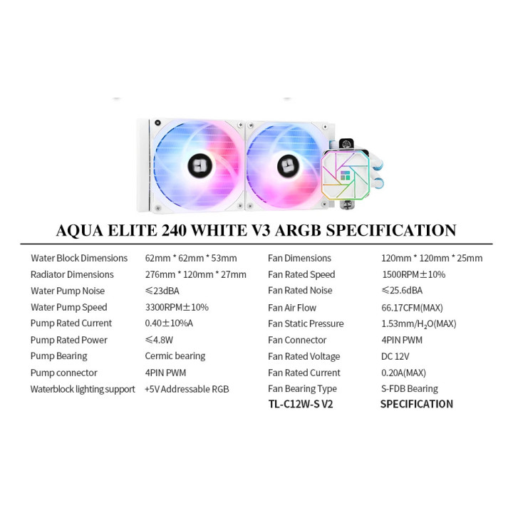 Водно охлаждане за процесор Thermalright  Aqua Elite 240 White A-RGB V3, LGA1851/LGA1700/AM5 - AQUA-ELITE-240-WH-ARGB-V3