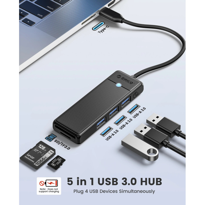 Хъб Orico USB3.1 Type-C, 3 x USB3.0, SD, TF - PAPW3AT-C3-015-BK