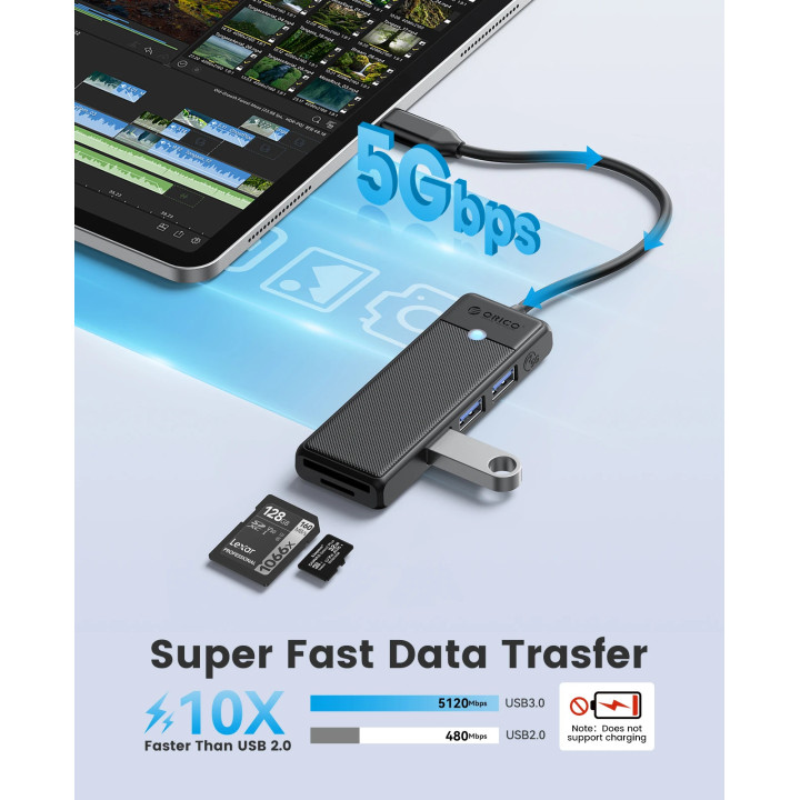 Хъб Orico USB3.1 Type-C, 3 x USB3.0, SD, TF - PAPW3AT-C3-015-BK