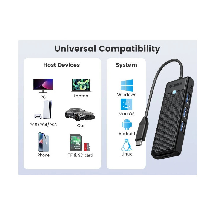Хъб Orico USB3.1 Type-C, 3 x USB3.0, SD, TF - PAPW3AT-C3-015-BK