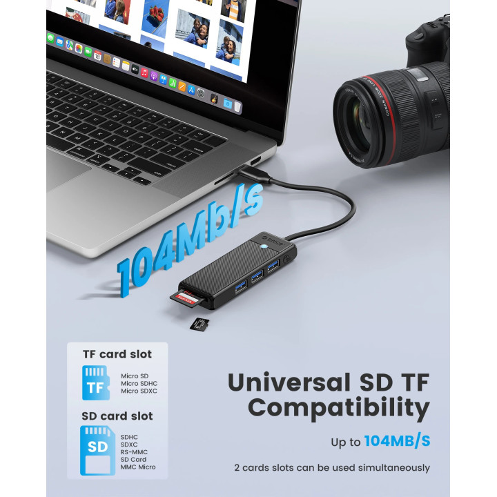 Хъб Orico USB3.1 Type-C, 3 x USB3.0, SD, TF - PAPW3AT-C3-015-BK