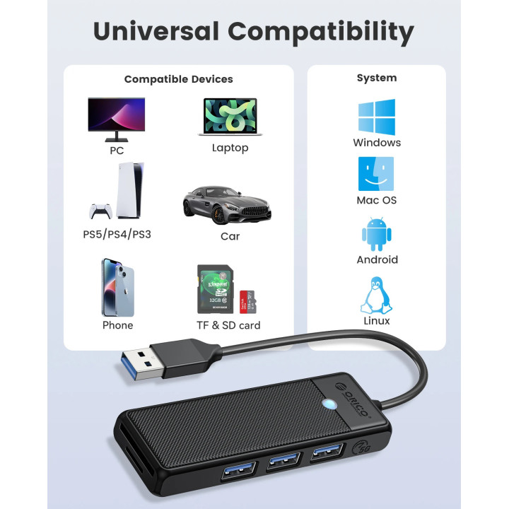 Хъб Orico USB3.0 HUB, 3 x USB3.0, SD, TF - PAPW3AT-U3-015-BK