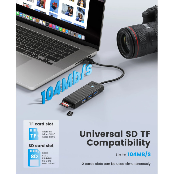 Хъб Orico USB3.0 HUB, 3 x USB3.0, SD, TF - PAPW3AT-U3-015-BK