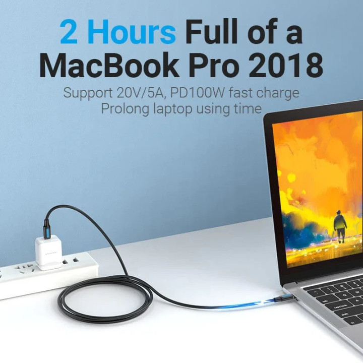 Кабел Vention USB 2.0 Type-C to Type-C - 2M Black 5A Fast Charge - COTBH