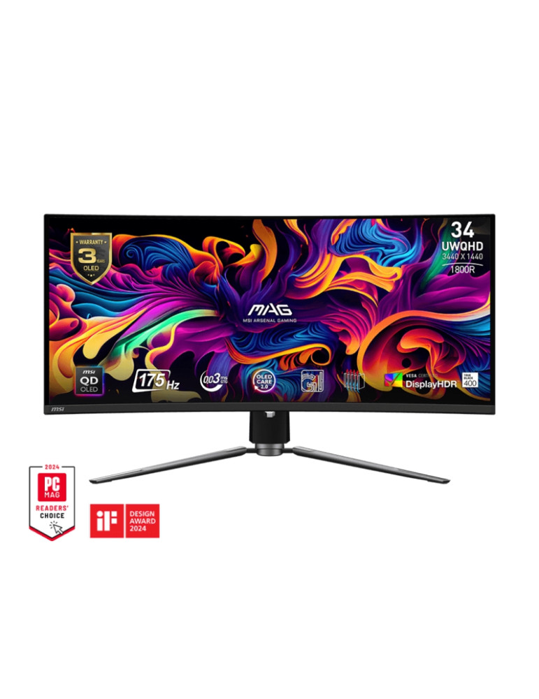 Монитор MSI MAG 341CQP QD-OLED, 34", 175Hz, 0.03ms, UWQHD 3440x1440, Oled Care 2.0, Fanless Design with Graphene, ClearMR 9000, HDR True Black 400, KVM, DP, HDMI, Type-C, USB HUB - 9S6-3DD04T-001